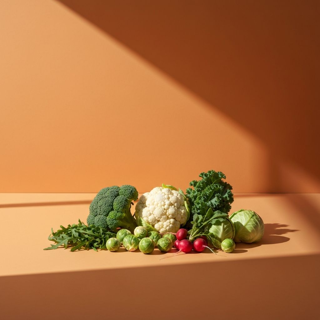 Détail des légumes crucifères: brocoli, chou-fleur, chou frisé et roquette